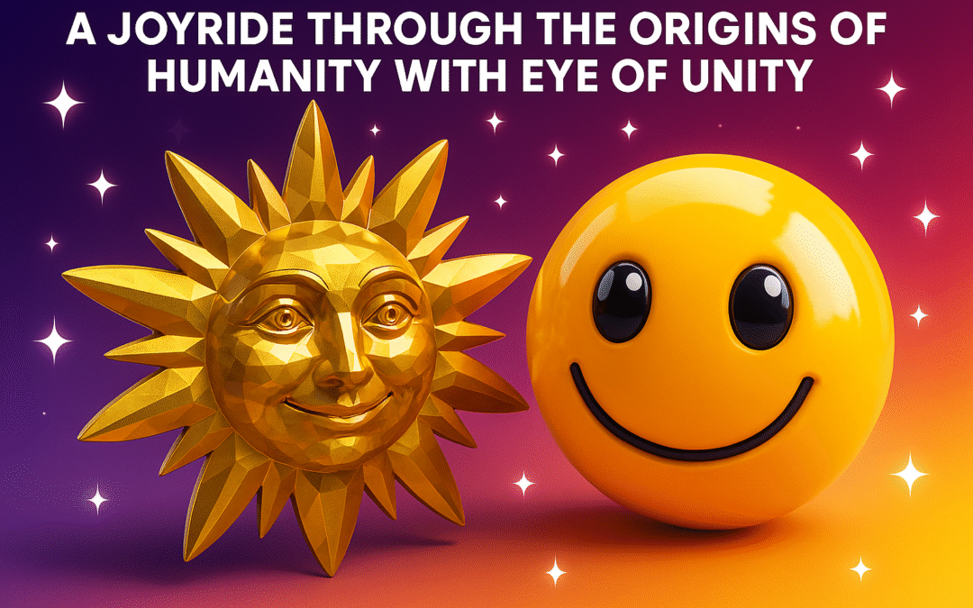 A golden sun sculpture next to a large yellow smiley face on a colorful background.