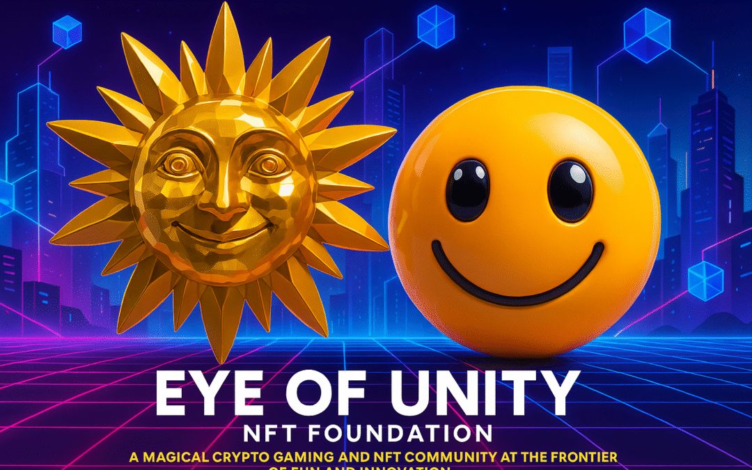 Graphic featuring a sun and a smiley face with a digital background representing a crypto and NFT community.