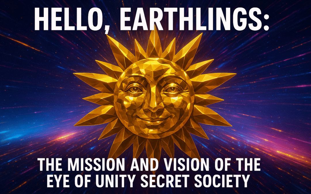 Golden sun emblem with a smiling face and text saying 'Hello, Earthlings: The Mission and Vision of the Eye of Unity Secret Society'.