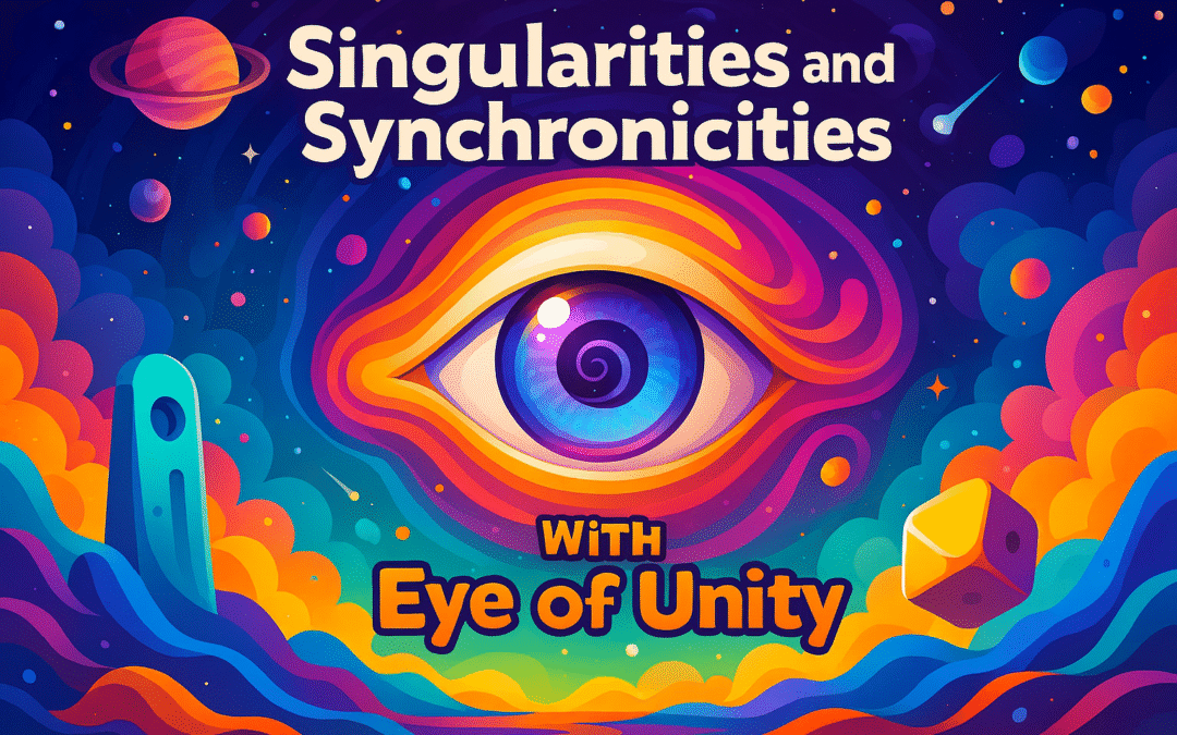 Abstract artwork featuring a large eye surrounded by vibrant colors and cosmic elements.