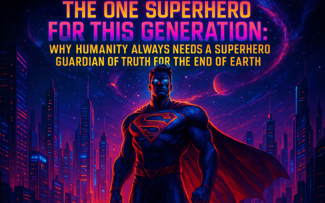 Artwork depicting a superhero with a cape standing against a cosmic background with city silhouettes.